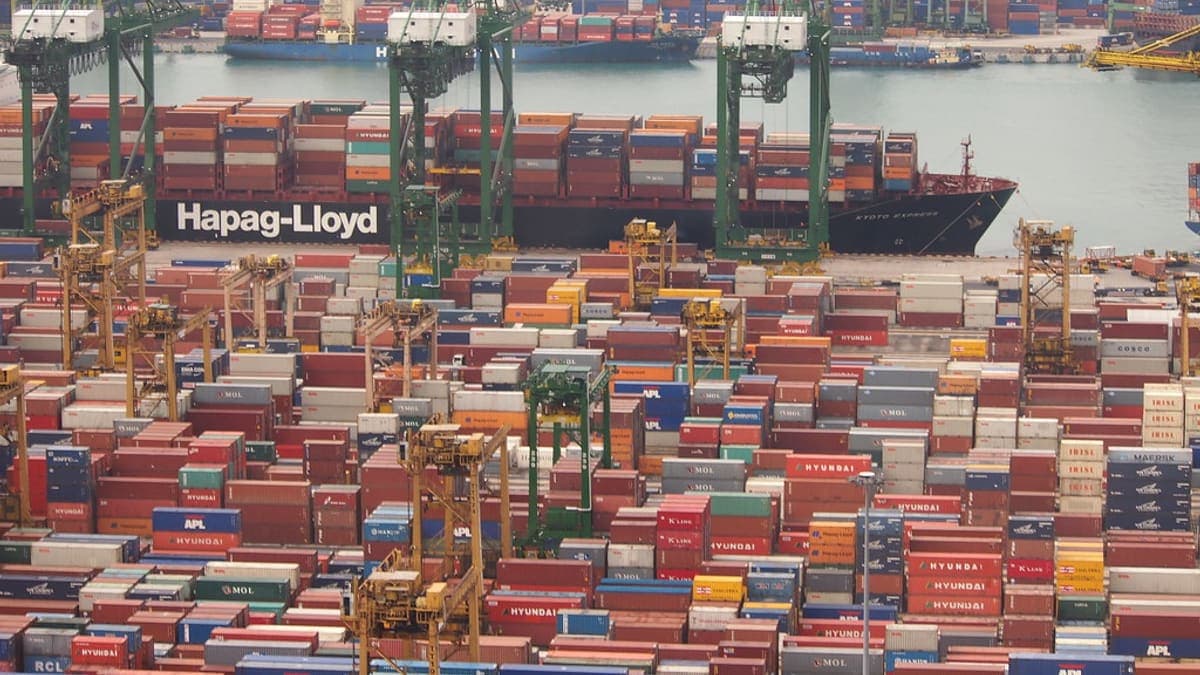New container ships under construction at a shipyard
