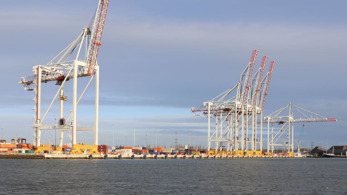 Stacked shipping containers at a busy container port